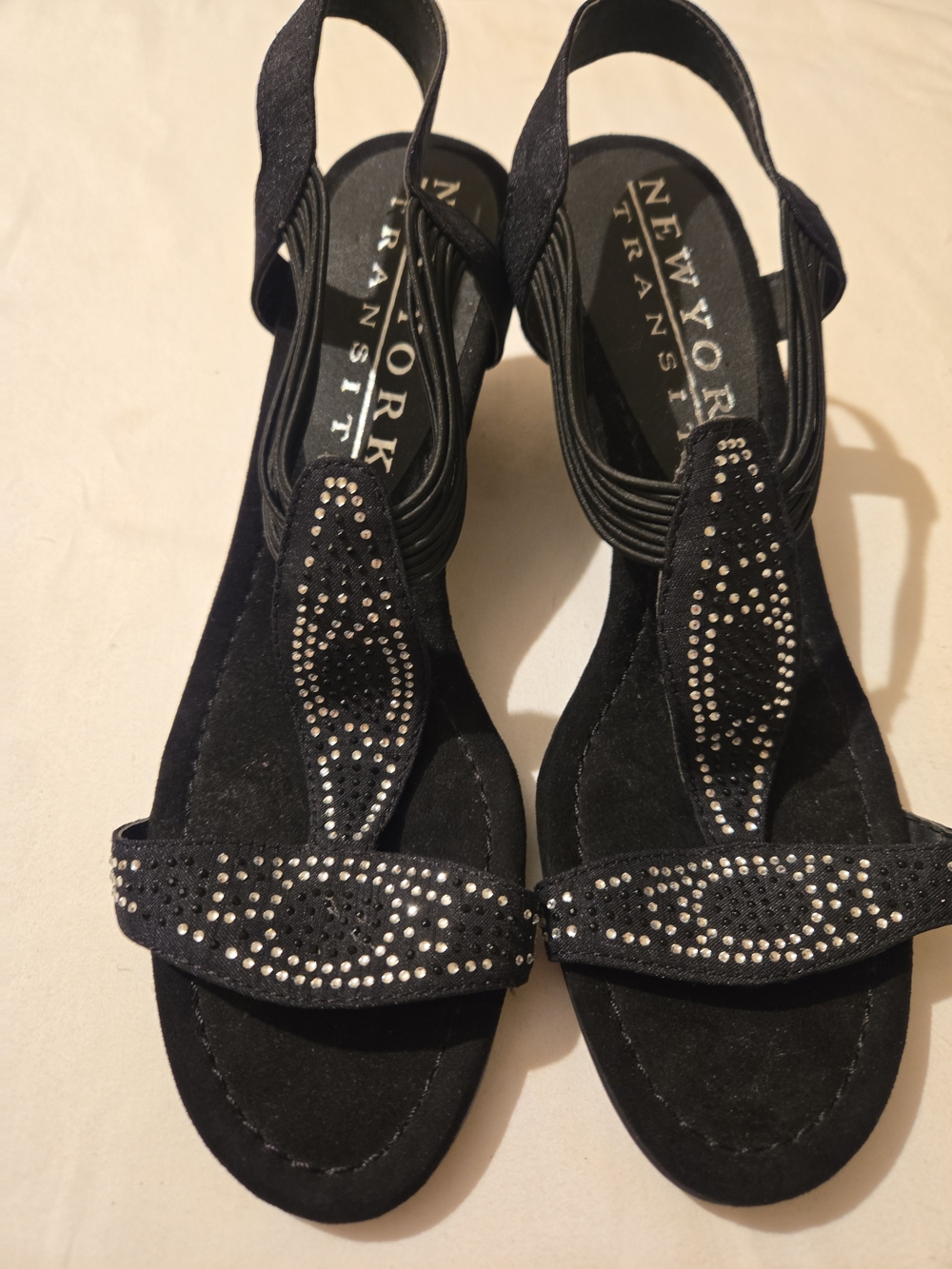New York Transit Black Slingback Sandals with Rhinestone Studs
